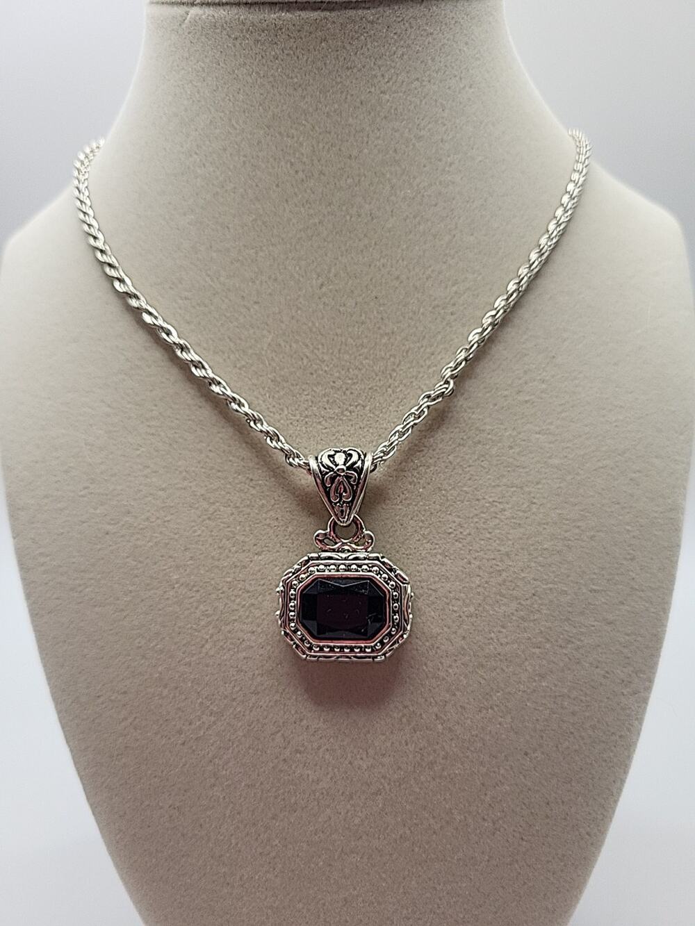 The Roman Company~RMN Signed Silver Etched Black Emerald Cut Pendent Necklace